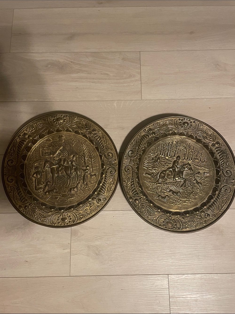Vintage Pair of English Decorative Brass Wall Plates with Equestrian Scenes.